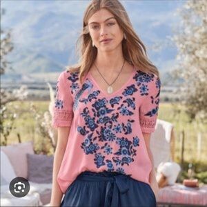 Sundance Rana Pink Silky Peacock Floral Embroidered Women's Top Size XS
